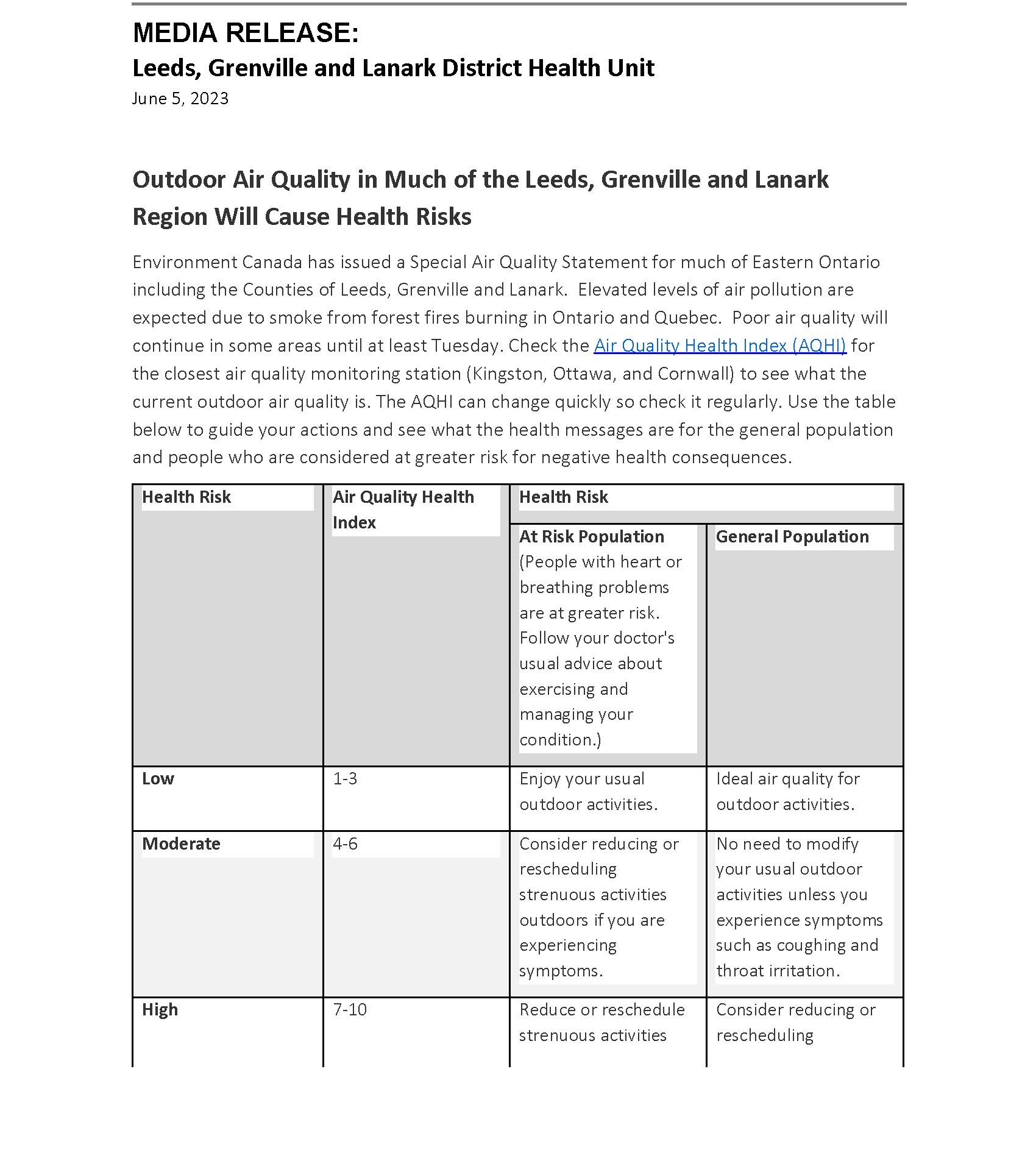 MEDIA RELEASE Outdoor Air Quality in Much of t Page 1